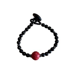 Black Beaded Bracelet Red Carved Rose Cinnabar Style Gothic Dark Victorian